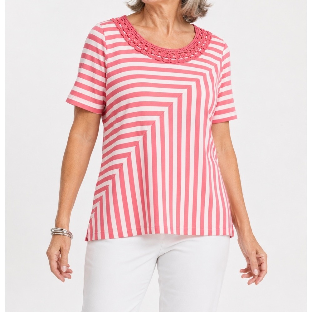 Alfred Dunner Womens 2X Pink White Striped Crochet Neck Short Sleeve Knit Top
